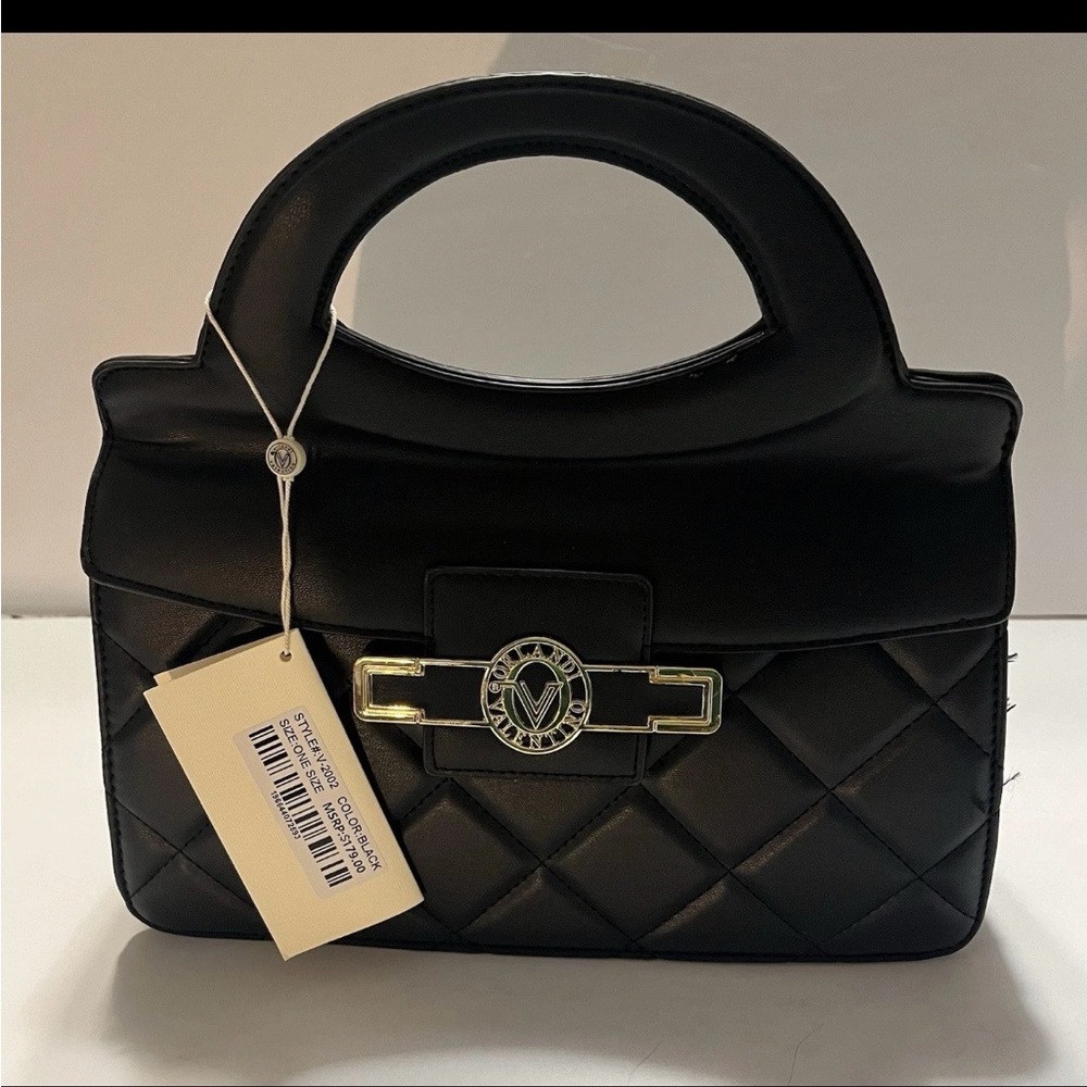 Valentino Orlandi NWT Black Quilted Vegan Leather Clutch with Shoulder Strap